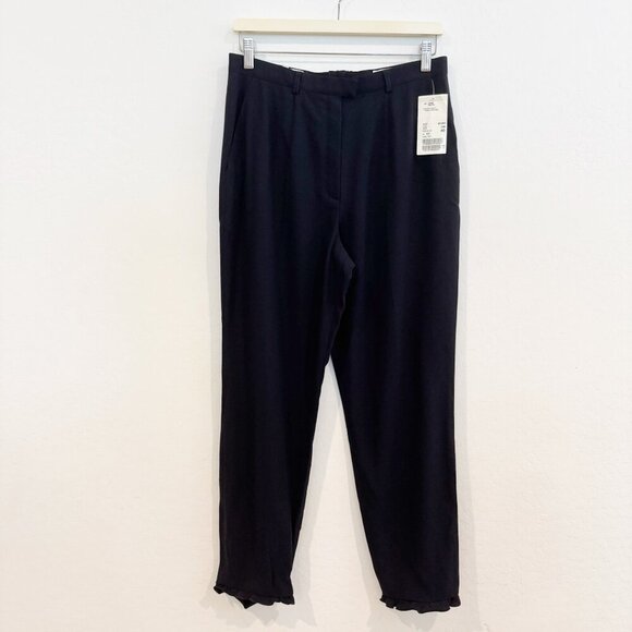 NWT Escada Ruffle Hem‎ Ankle Designer Trouser Pants in Navy Blue Office Size 10